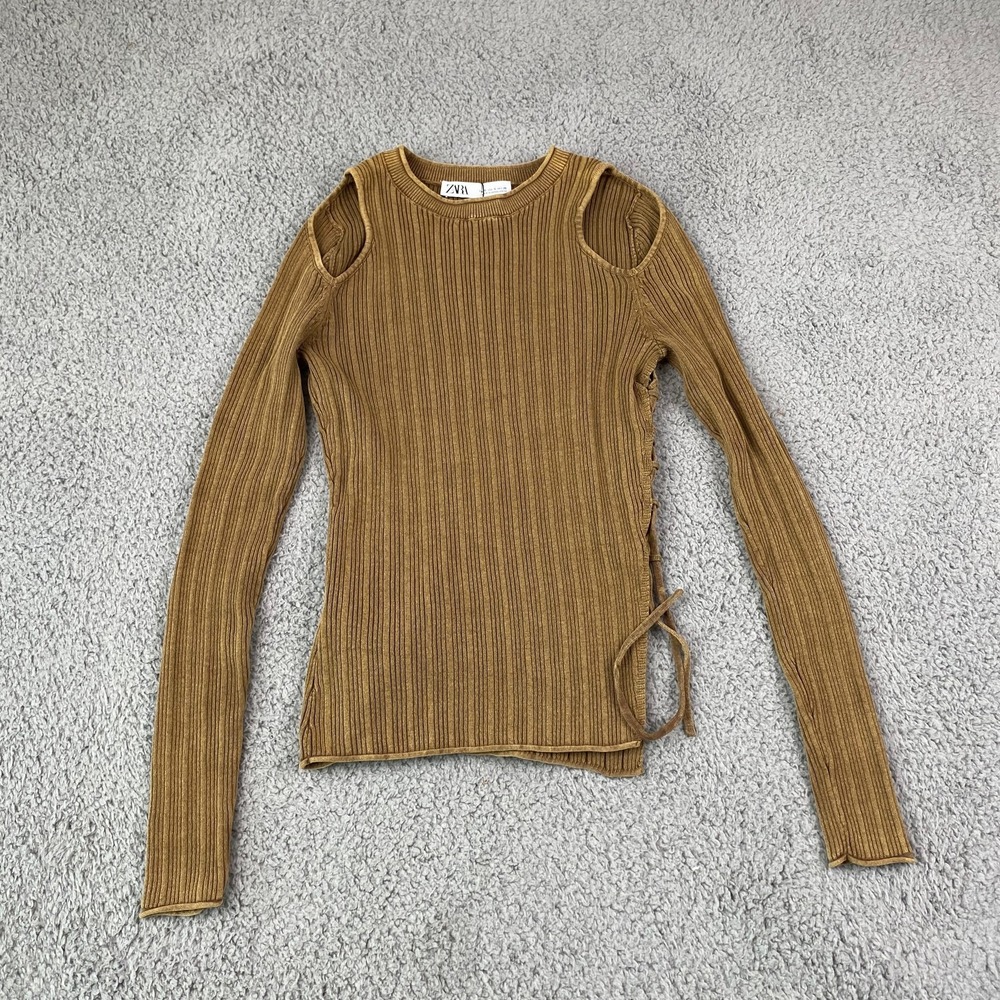 Zara Sweater Womens Small Brown Ribbed‎ Cut Out Shoulder Long Sleeve Knit Top